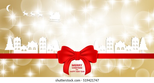 Christmas background with red bow ribbon and snowflakes bokeh background