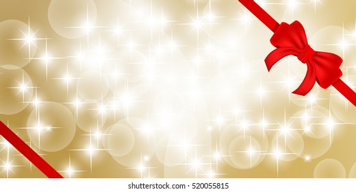 Christmas background with red bow ribbon and snowflakes bokeh background