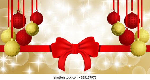 Christmas background with red bow ribbon,balls and snowflakes bokeh background