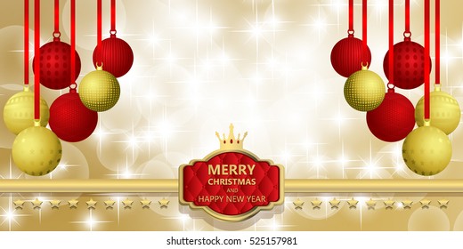 Christmas background with red bow ribbon,balls and snowflakes bokeh background