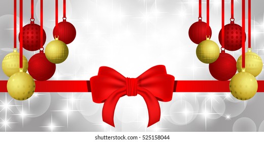 Christmas background with red bow ribbon,balls and snowflakes bokeh background