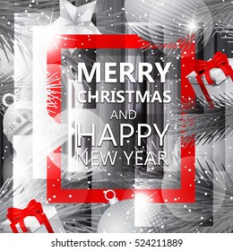Christmas background with red bow ribbon,fir tree,balls, bell golden, gifts and snowflakes bokeh background