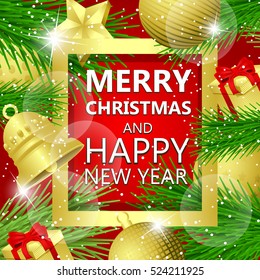 Christmas background with red bow ribbon,fir tree,balls, bell golden, gifts and snowflakes bokeh background