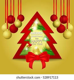 Christmas background with red bow ribbon,fir tree,balls, bell golden, gifts and snowflakes bokeh background