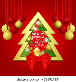 Christmas background with red bow ribbon,fir tree,balls, bell golden, gifts and snowflakes bokeh background