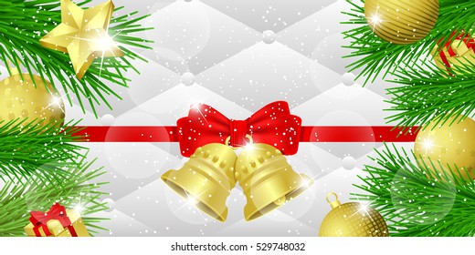Christmas background with red bow ribbon,fir tree,balls, bell golden, gifts and snowflakes luxury background