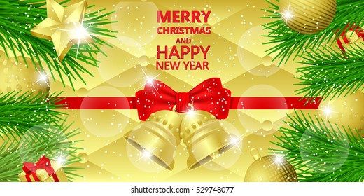 Christmas background with red bow ribbon,fir tree,balls, bell golden, gifts and snowflakes luxury background