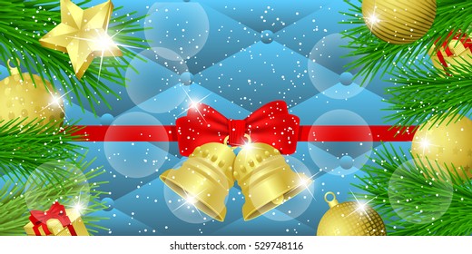 Christmas background with red bow ribbon,fir tree,balls, bell golden, gifts and snowflakes luxury background