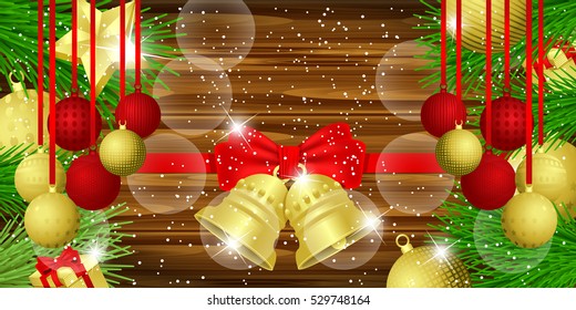 Christmas background with red bow ribbon,fir tree,balls, bell golden, gifts and snowflakes luxury background