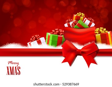 Christmas background with red bow and sack full of gifts.