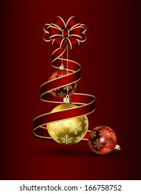 Christmas background with red bow and shiny balls, illustration.