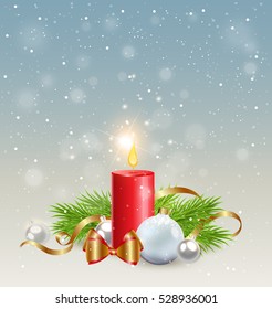 Christmas background with red candle, green fir branch and white decorations