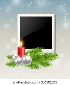 Christmas background with red candle and photo