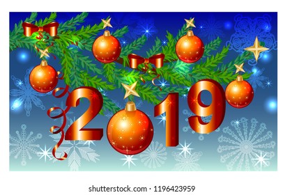 Christmas background with a red card, ribbon, ball and fir in snow