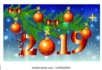 Christmas background with a red card, ribbon, ball and fir in snow