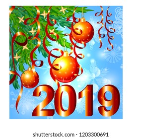 Christmas background with a red card, ribbon, ball and fir in snow
