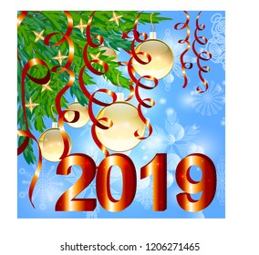 Christmas background with a red card, ribbon, ball and fir in snow