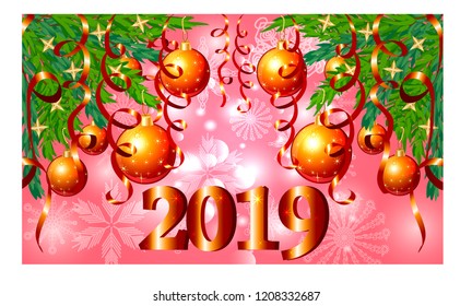 Christmas background with a red card, ribbon, ball and fir in snow