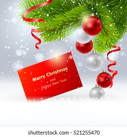 Christmas background with a red card, ribbon, ball and fir in snow. Vector  EPS 10.