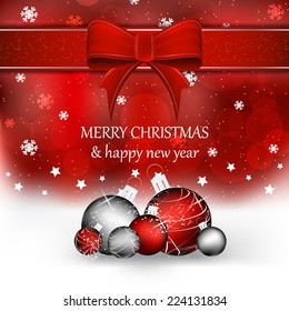 Christmas background in red color with christmas balls, snowflakes and decoration