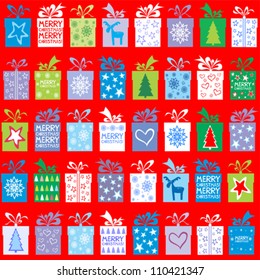 Christmas background in red color. Seamless pattern with gift boxes. Vector Illustration