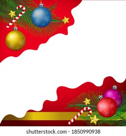 Christmas background in red color and white, with ornaments of cypress leaves, 
colorful Christmas balls and gold stars