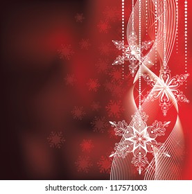 Christmas background in red colors with snowflakes.