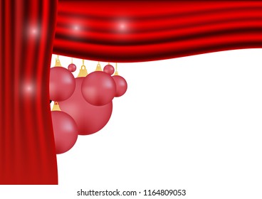 Christmas background with red curtain and ball