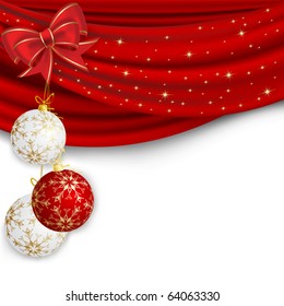 Christmas background with red curtain and ball