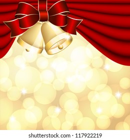 Christmas background with red curtain and gold bell. Vector illustration