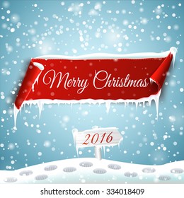 Christmas background with red curved paper banner, snow, ice and 2016 road sign. Ribbon