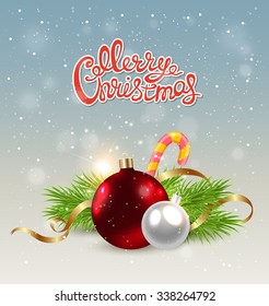 Christmas background with red decoration, candy cane and green fir branch