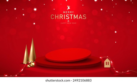 Christmas background. Red background design for product display. Tilted base on podium decoration with Light decorative, Christmas balls, Tree abstract metal shape. Elegant style. Vector illustration.