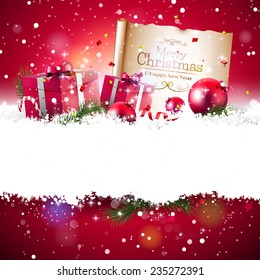 Christmas background with red gift boxes and old paper in the snow and with empty space for your text