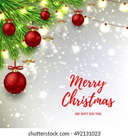 Christmas background with red and glass balls. Elegant vector illustration with fir branches for xmas design. Happy New Year backdrop with snow and shining garlands.