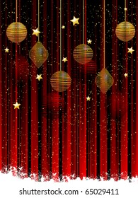 Christmas background of red and gold baubles and stars on a red background