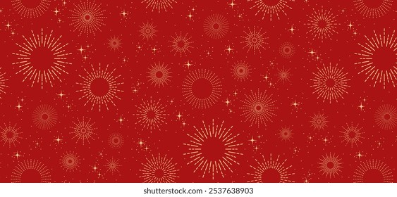 Christmas background, red holiday pattern, gold fireworks