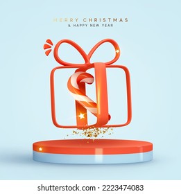 Christmas background with red hollow gift box with candy on Round stage for presentation sale product. Stage pedestal or platform. New year design promo studio for advertising. Vector illustration