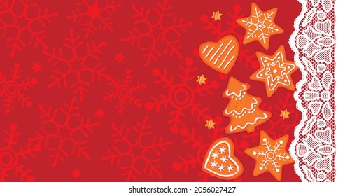 Christmas background in red with place for text. White lace and cookies of different shapes, decorated with a pattern of sugar glaze.Flat cartoon isolated illustration.