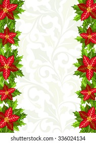 Christmas background with red poinsettia and holly leaves decoration elements. Vertical banner with border and ornamental copy space