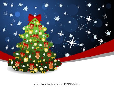 christmas background with red ribbon and decorated christmas tree - vector illustration