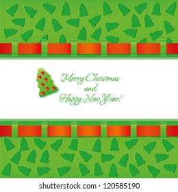 Christmas background with red ribbon and fir tree, vector EPS 10.0