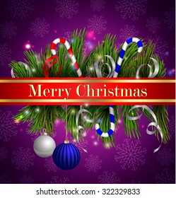 Christmas background with red ribbon and lights