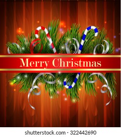 Christmas background with red ribbon and lights on a wood wall