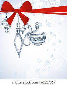 Christmas background red ribbon and ornaments