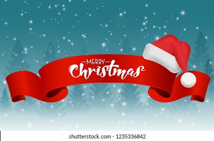 Christmas background with red ribbon and santa hat