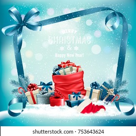 Christmas background with a red sack full presents and santa hat. Vector. 