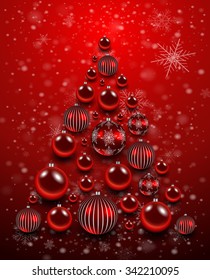 Christmas background red with shiny balls. Vector illustration.