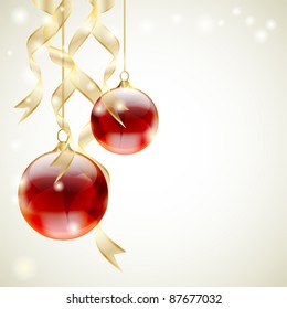 Christmas background with red shiny balls and golden ribbons