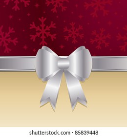 christmas background with red snowflakes, silver ribbon and bow